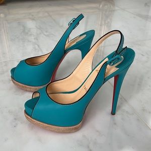 Louboutin Turquoise sling back platform heels